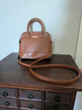 Madden Girl Brown Faux Leather Handbag with Top Handles And CrossbodyChain Strap